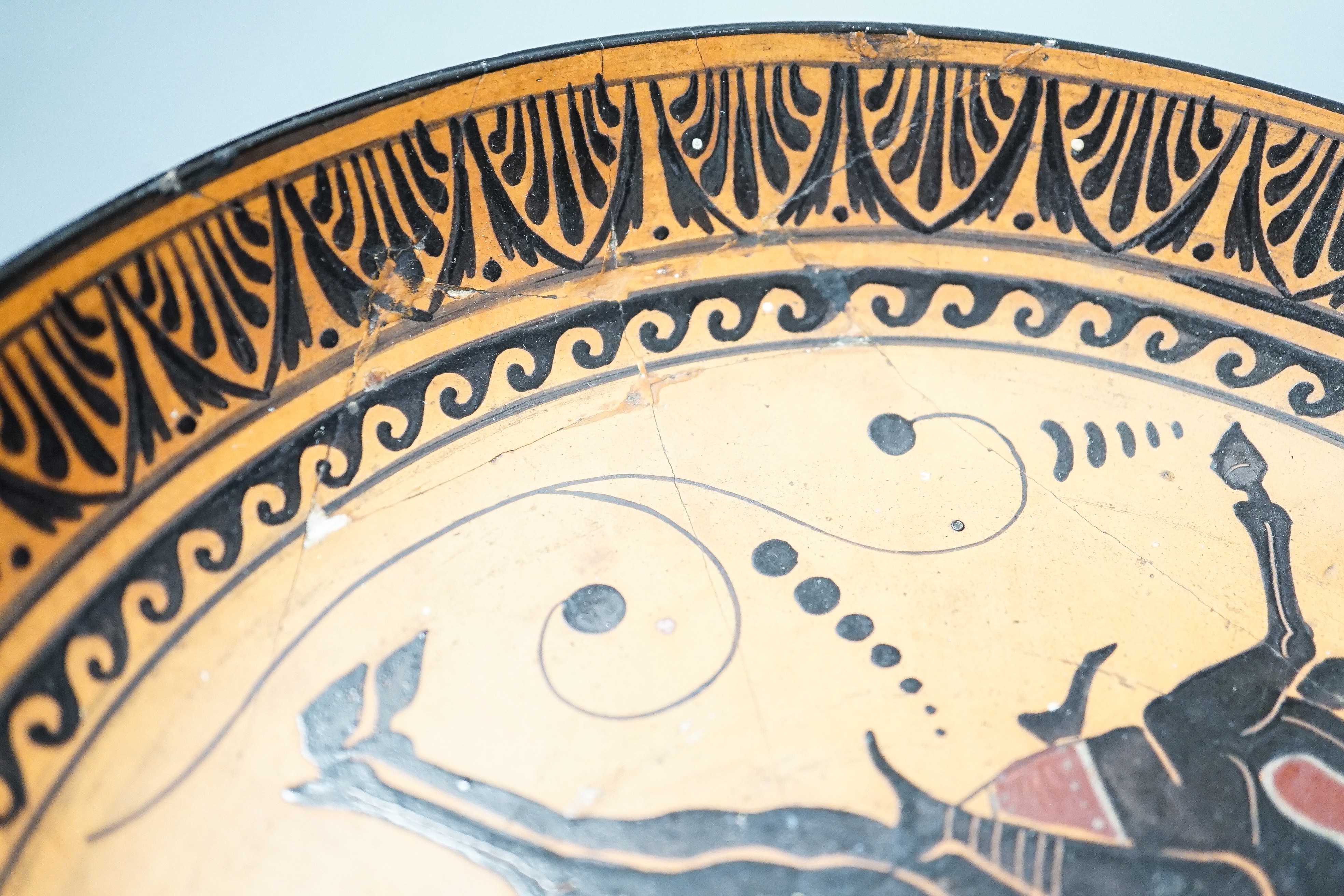 A Greek attic style kylix, a 19th century reproduction, 28cm, repairs